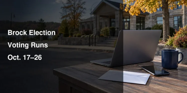 Laptop, phone and ballot envelope illustrating Brock election voting options