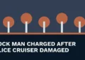 Original local news illustration with the headline Brock Man Charged After Police Cruiser Damaged