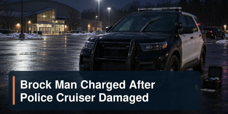 Damaged windshield wiper on a police cruiser outside a community arena with the headline Brock Man Charged After Police Cruiser Damaged