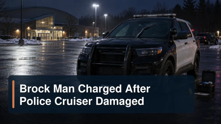 Damaged windshield wiper on a police cruiser outside a community arena with the headline Brock Man Charged After Police Cruiser Damaged