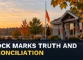 Orange ribbons outside a municipal building with the headline Brock Truth and Reconciliation Events Set for September