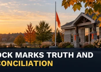 Orange ribbons outside a municipal building with the headline Brock Truth and Reconciliation Events Set for September