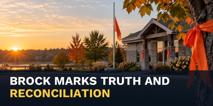 Orange ribbons outside a municipal building with the headline Brock Truth and Reconciliation Events Set for September