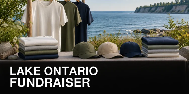 Lake Ontario shoreline with neutral fundraising apparel display