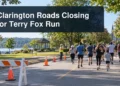 Clarington Roads Closing for Terry Fox Run Community runners and an orderly Bowmanville road closure with the headline Clarington Roads Closing for Terry Fox Run