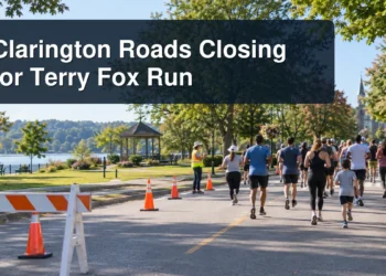 Community runners and an orderly Bowmanville road closure with the headline Clarington Roads Closing for Terry Fox Run