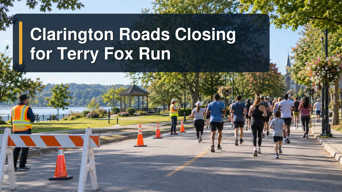 Community runners and an orderly Bowmanville road closure with the headline Clarington Roads Closing for Terry Fox Run
