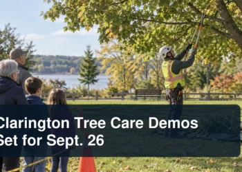 Municipal arborist pruning demonstration with the headline Clarington Tree Care Demos Set for Sept. 26