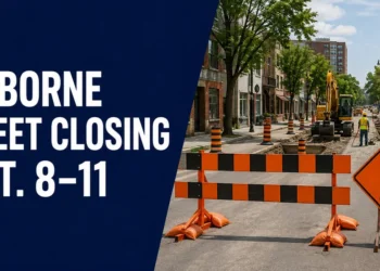 Roadwork barriers illustrating the temporary Colborne Street closure in Oshawa