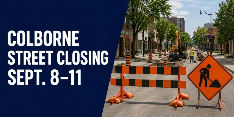 Roadwork barriers illustrating the temporary Colborne Street closure in Oshawa