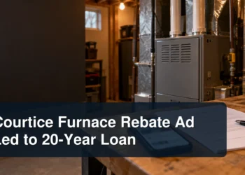 Home furnace and financing documents with the headline Courtice Furnace Rebate Ad Led to 20-Year Loan