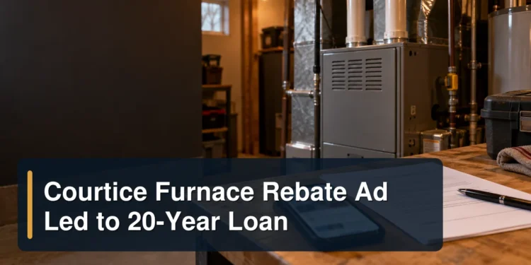 Courtice Furnace Rebate Ad Led to 20-Year Loan Home furnace and financing documents with the headline Courtice Furnace Rebate Ad Led to 20-Year Loan
