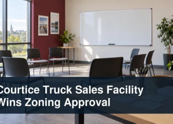 Truck service facility scene with the headline Courtice Truck Sales Facility Wins Zoning Approval
