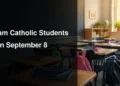 Prepared classroom with desks and backpacks for the Durham Catholic back-to-school return on September 8