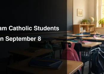 Prepared classroom with desks and backpacks for the Durham Catholic back-to-school return on September 8