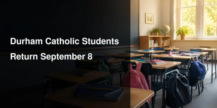 Prepared classroom with desks and backpacks for the Durham Catholic back-to-school return on September 8