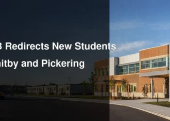 Durham public school with portable classrooms illustrating DDSB overflow placements in Whitby and Pickering