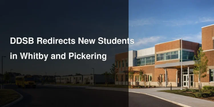 Durham public school with portable classrooms illustrating DDSB overflow placements in Whitby and Pickering