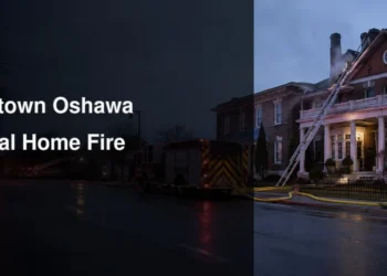 Fire crews responding to a downtown building, illustrating the Oshawa funeral home fire investigation