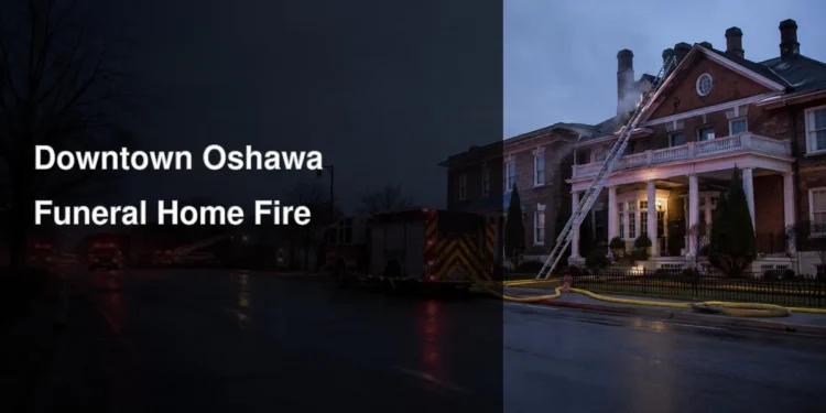 Fire crews responding to a downtown building, illustrating the Oshawa funeral home fire investigation