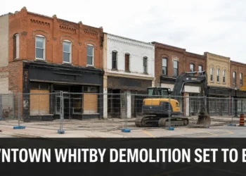 Vacant downtown Whitby buildings fenced for planned demolition on Brock Street