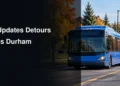 DRT Updates Detours in Courtice, Pickering and Port Perry Blue transit bus beside a construction detour illustrating Durham Region Transit service changes