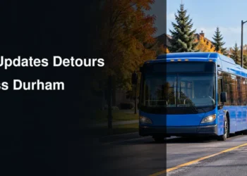DRT Updates Detours in Courtice, Pickering and Port Perry Blue transit bus beside a construction detour illustrating Durham Region Transit service changes