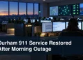 Emergency communications centre with the headline Durham 911 Service Restored After Morning Outage