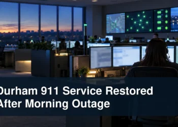 Emergency communications centre with the headline Durham 911 Service Restored After Morning Outage