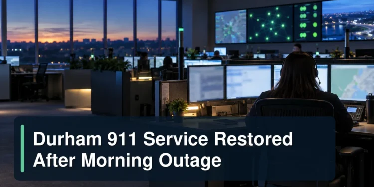 Emergency communications centre with the headline Durham 911 Service Restored After Morning Outage
