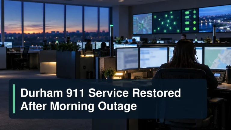 Emergency communications centre with the headline Durham 911 Service Restored After Morning Outage