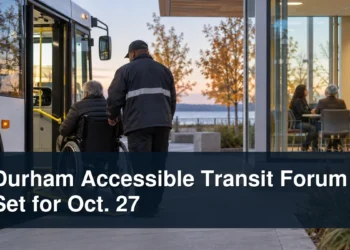 Accessible bus boarding and consultation scene with the headline Durham Accessible Transit Forum Set for Oct. 27