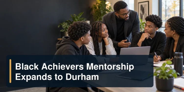 Black mentors and students in a workshop with the headline Black Achievers Mentorship Expands to Durham