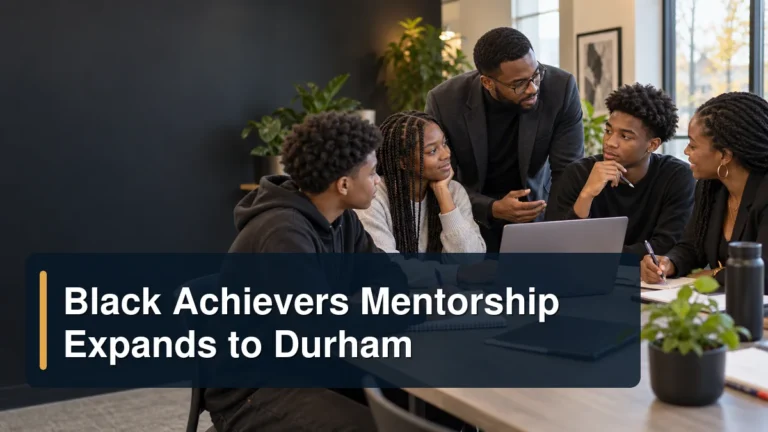 Black mentors and students in a workshop with the headline Black Achievers Mentorship Expands to Durham