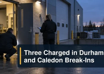 Restrained commercial break-in investigation scene with the headline Three Charged in Durham and Caledon Break-Ins
