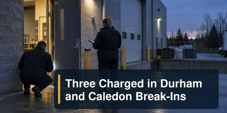 Restrained commercial break-in investigation scene with the headline Three Charged in Durham and Caledon Break-Ins