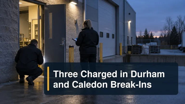 Restrained commercial break-in investigation scene with the headline Three Charged in Durham and Caledon Break-Ins