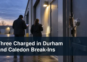 Commercial doorway investigation scene with the headline Three Charged in Durham and Caledon Break-Ins