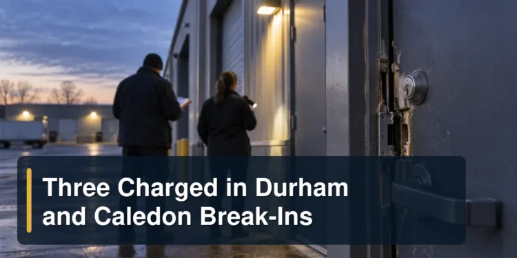 Commercial doorway investigation scene with the headline Three Charged in Durham and Caledon Break-Ins