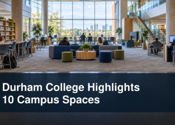 Contemporary college study space with the headline Durham College Highlights 10 Campus Spaces