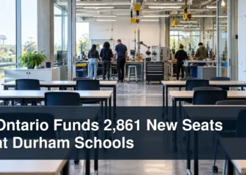 Modern classroom and skilled-trades lab with the headline Ontario Funds 2,861 New Seats at Durham Schools