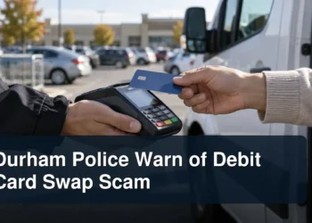 Generic payment terminal and bank card in a parking lot with the headline Durham Police Warn of Debit Card Swap Scam