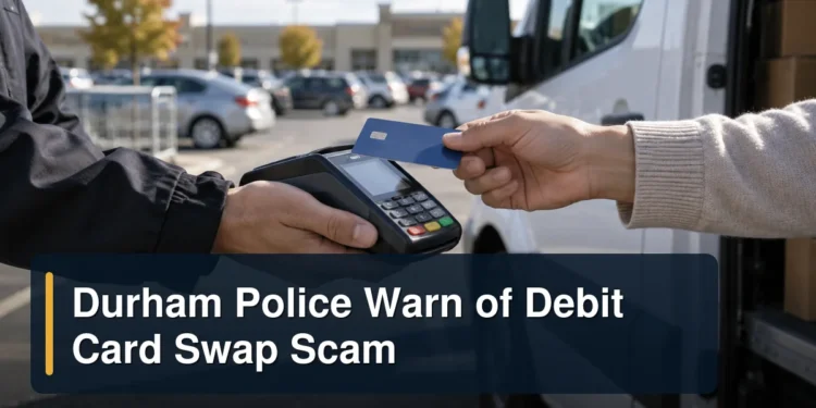Durham Police Warn of Debit Card Swap Scam Generic payment terminal and bank card in a parking lot with the headline Durham Police Warn of Debit Card Swap Scam