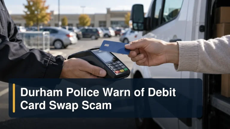 Generic payment terminal and bank card in a parking lot with the headline Durham Police Warn of Debit Card Swap Scam