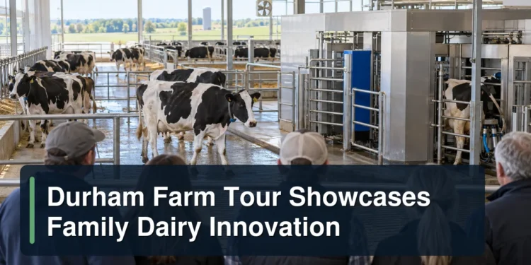 Robotic dairy barn tour with the headline Durham Farm Tour Showcases Family Dairy Innovation