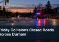 Non-graphic suburban road closure at dusk with the headline Friday Collisions Closed Roads Across Durham