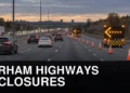 Highway lane closure cones and maintenance boards in Durham Region