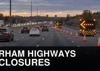 Highway lane closure cones and maintenance boards in Durham Region