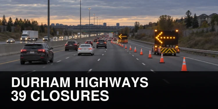 Highway lane closure cones and maintenance boards in Durham Region