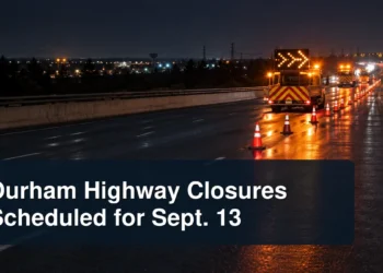 Nighttime highway lane closure with the headline Durham Highway Closures Scheduled for Sept. 13